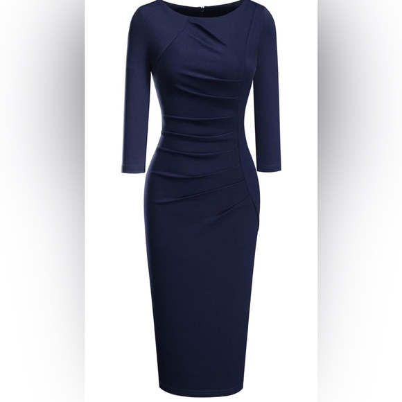 HOMEEYE Navy Blue Ruched Sheath Dress Large 3/4 Sleeve Bodycon Work EXCELLENT - Picture 3 of 13